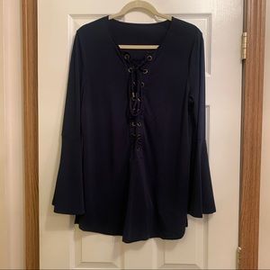 Navy bell sleeve with tie up blouse